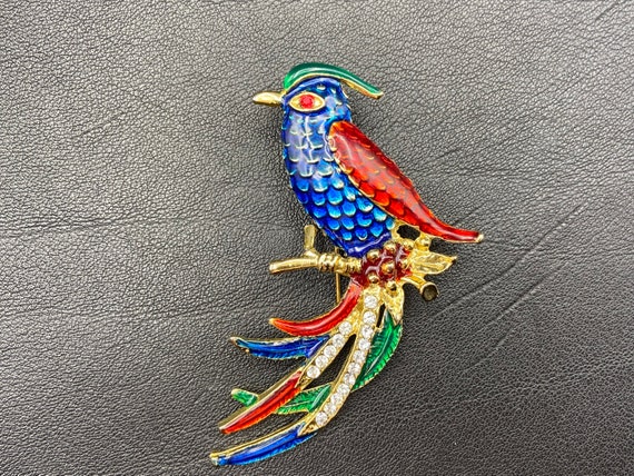 Broche Vintage Oiseau Phénix En Métal Doré émaillé Vert Et Bleu - Pièce Unique Ancienne