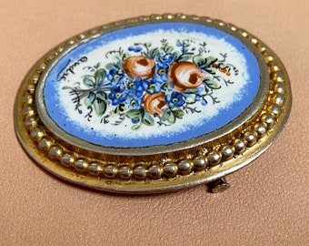 Broche de Limoges vintage en porcelana francesa. Flores pintadas a mano. broche firmado André. Regalo pensativo.