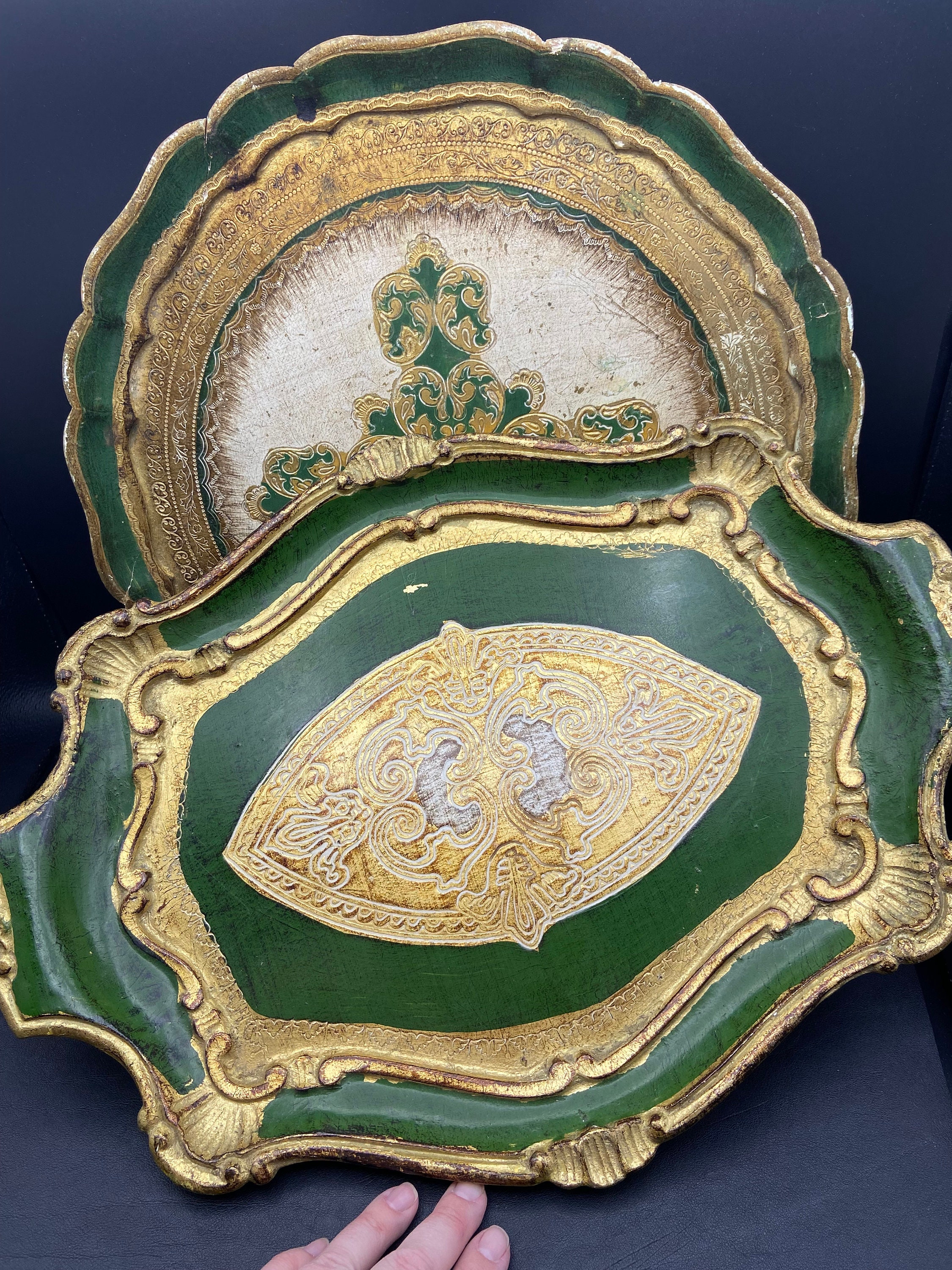 2 Plateaux Florentin Vintage. Plateau en Or et Vert Vénitien. Doré Italien Décor Chic Shabby.