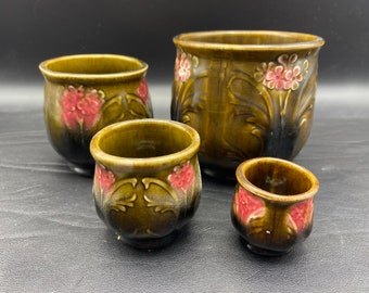 4 Antique French Majolica flowerpots. Art Nouveau. 1920 The ORCHIES factory.