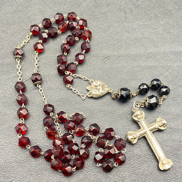 Antique garnet glass and silver rosary. Religious gift.