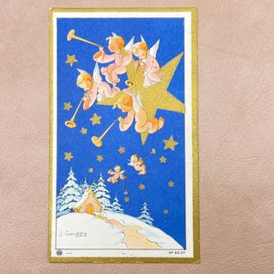 Illustration  J. Gouppy Carte de Noël. Anges, Trompettes, Étoile, Cabane Nativité.
