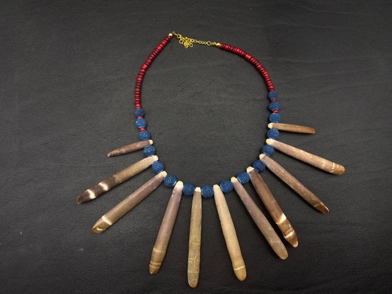 Collier Ethnique Vintage Perles En Corail Bleu Et Bois Collier  