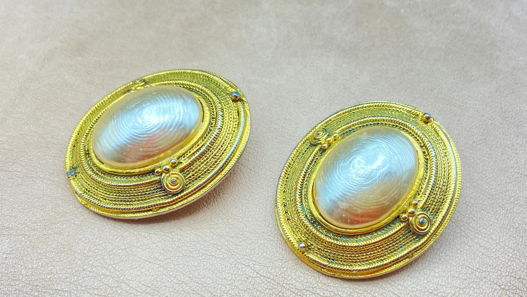 Large Vintage Earrings. Golden Metal Clips With Pearl Oval Shape. Etsy