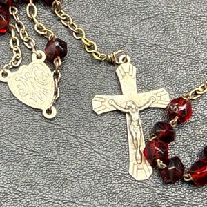 Antique garnet glass rosary. Art Deco cross. Religious gift.