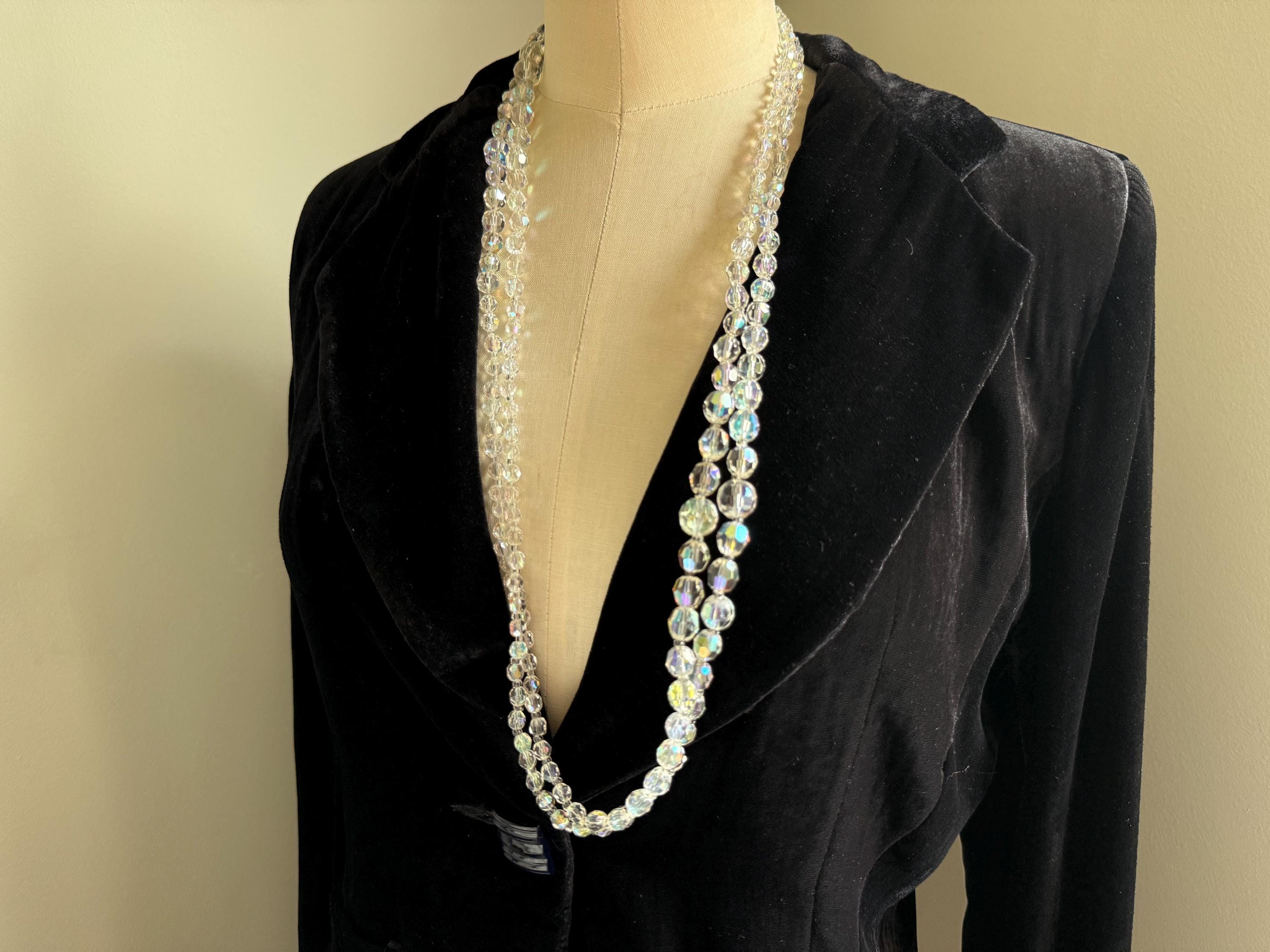 Long Vintage AB Faceted Clear Glass Bead Necklace - Aurora Borealis Crystal Effect.