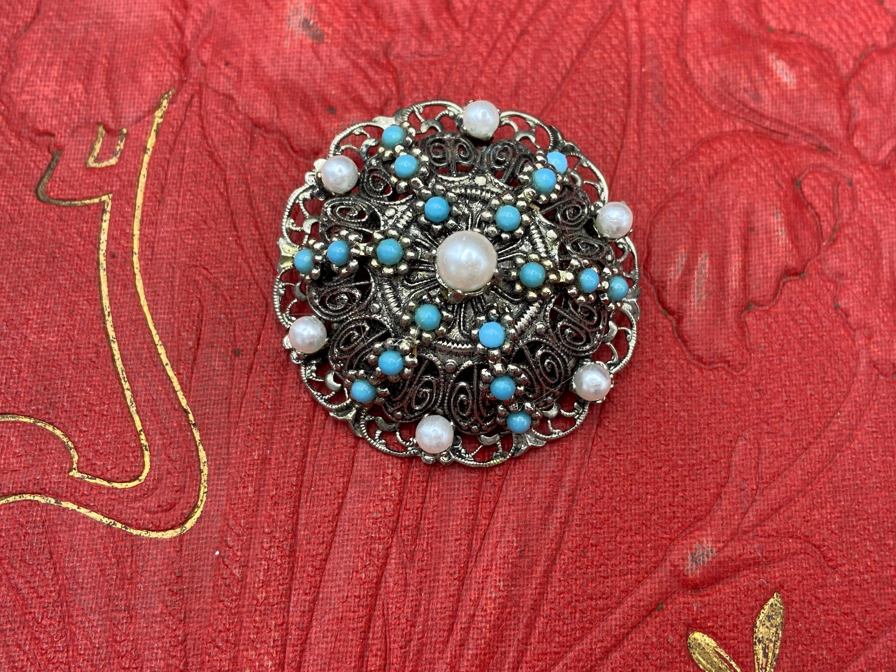 Broche Ancienne En Argent Massif Et Turquoise - Forme Sabre - Bijou Vintage - Occasion