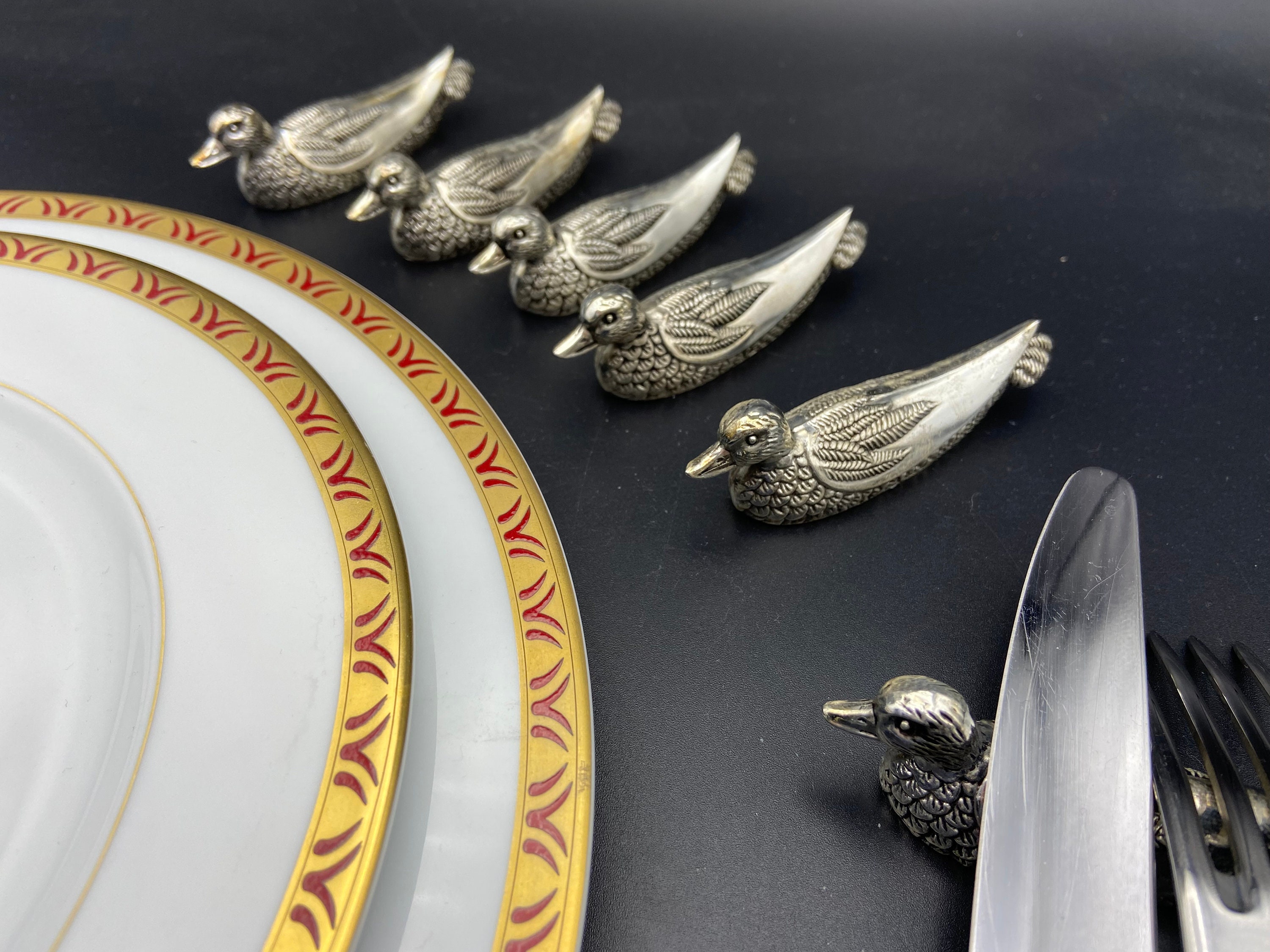 6 Porte Couteaux Canard. Vintage en Métal Argentée Française, France. Thème Forestière, Chasse, Anim