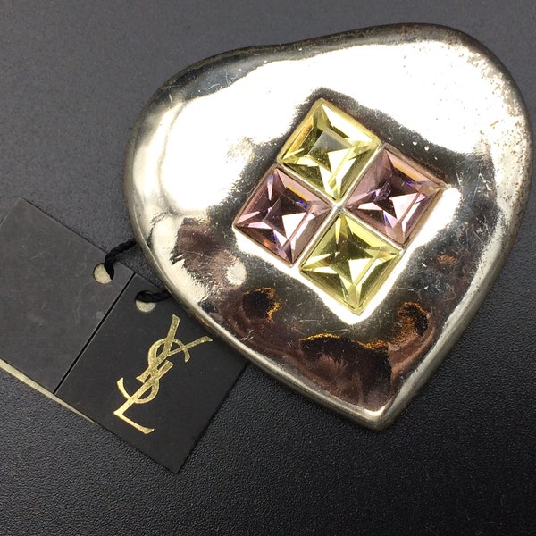 YSL Brooch-pendant vintage. Silver heart with yellow and pink crystals.