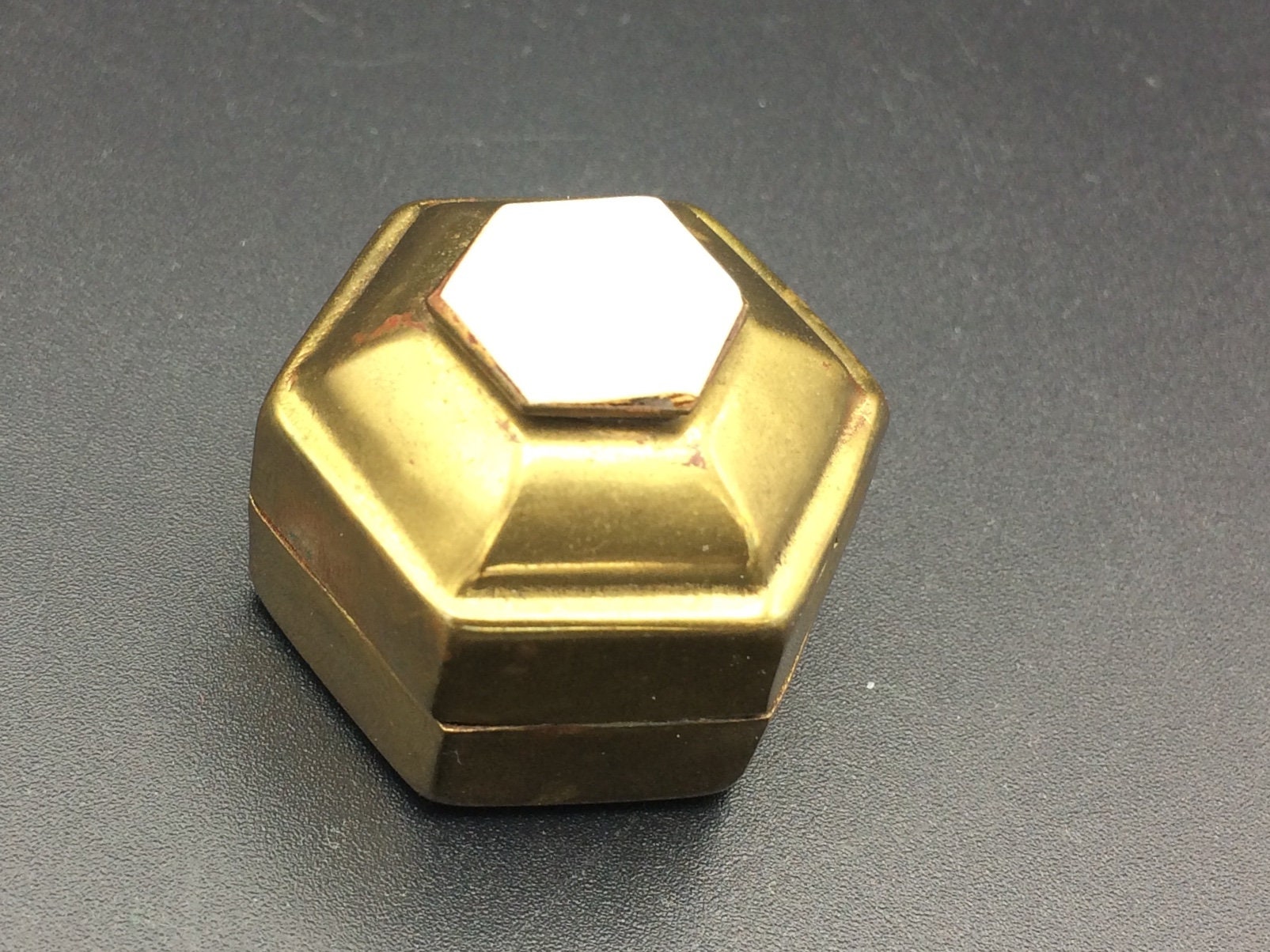 Pill box vintage hexagon shaped brass with perla muter signed Etsy