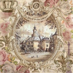 Könnte beinhalten: Vintage-Bild mit einem ovalen Rahmen, der eine europäische Schlossansicht zeigt. Der Rahmen ist von rosa Rosen, einer Krone und einer Fleur-de-Lis umgeben. Der Text "De tout mon coeur!" ist oben angebracht.