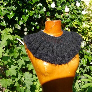 May include: A black knitted collar with a fluffy texture, displayed on a wooden mannequin against a backdrop of green foliage.