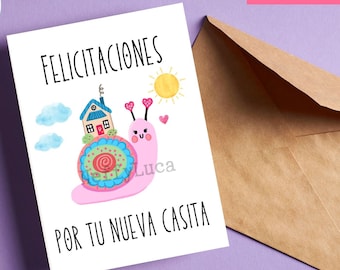 Spanish New House Congratulations Card Printable with Cute Snail, Tarjeta nueva casa felicitaciones, 5 x 7 inches, Instant Download