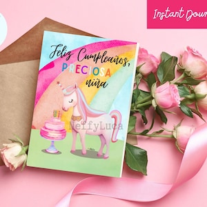 Spanish Birthday Card: Unicorn Girl, Feliz Cumpleaños (5x7 inch, Digital Download)