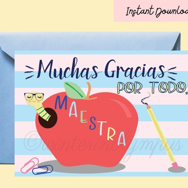 Spanish Teacher Thank You Card Printable with Apple, Instant Download