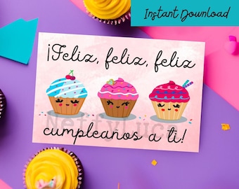 Spanish Birthday Card Printable with Cute Cupcakes, Tarjeta de cumple para imprimir en casa, Cumpleaños, Instant Download, 5x7 Inch Card
