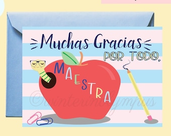 Spanish Teacher Thank You Card Printable with Apple, Instant Download