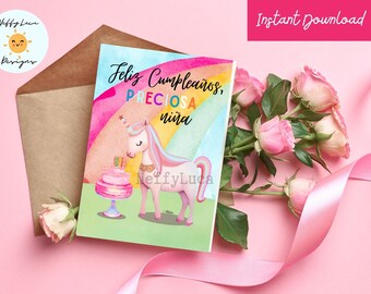 Spanish Birthday Card: Unicorn Girl, Feliz Cumpleaños (5x7 inch, Digital Download)