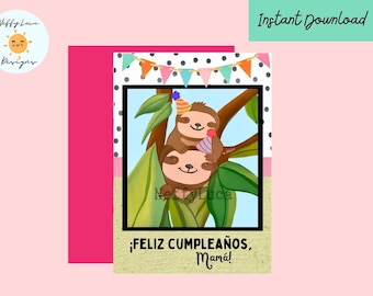 Spanish Birthday Card for Mom: Sloth Design (Digital Download)