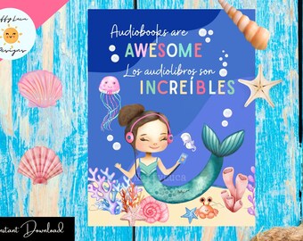 Bilingual Mermaid Audiobook Poster: Spanish English Classroom Decor (Digital Download)