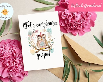 Spanish Birthday Card: Watercolor Owl, Feliz Cumpleaños Guapa (Digital Download)