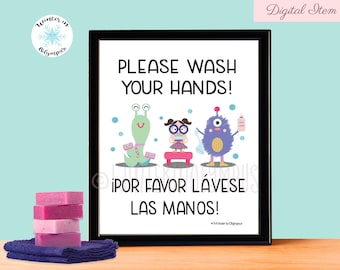 Bilingual Spanish English Hand Washing Sign Printable with Monsters, Instant Download