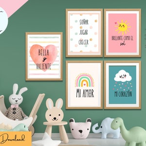 Juego de arte de póster imprimible para habitación de guardería en español para niñas, Decoraciones arte para niñas, Juego de 5 impresiones, Descarga instantánea