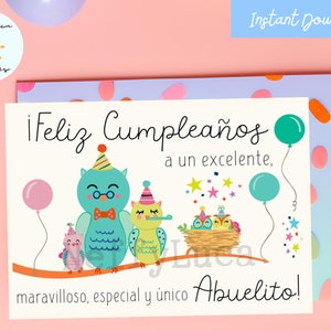 Abuelito Birthday Card, Grandpa Spanish Printable Card with Owls, Feliz Cumpleaños Digital Art, Birthday Card for Him, Instant Download