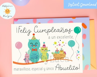 Abuelito Birthday Card: Spanish Owls, Feliz Cumpleaños (Digital Download)