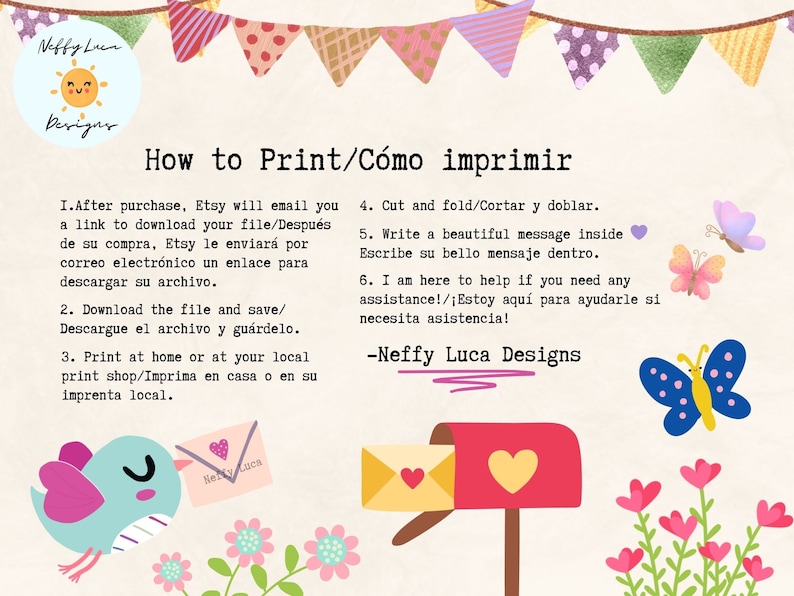 May include: A printable how-to guide with instructions on how to print, cut, fold, and write a message inside a card. The guide features a colorful illustration of a bird holding a heart-shaped envelope in its beak, a mailbox, and butterflies.