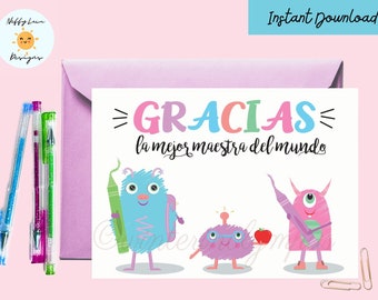 Spanish Teacher Thank You Card Printable with Little Monsters, Instant Download
