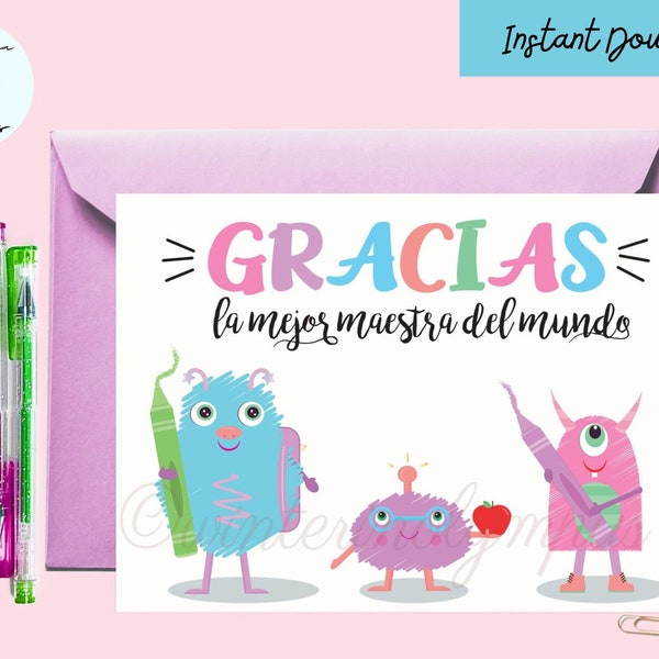 Spaanse leraar Bedankkaart afdrukbaar met kleine monsters, direct downloaden