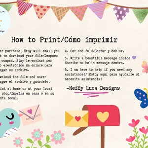 May include: A printable card with instructions on how to print and assemble a card. The card features a cute bird with a heart-shaped envelope in its beak. The text on the card reads "How to Print/C&oacute;mo imprimir" and includes instructions in both English and Spanish.