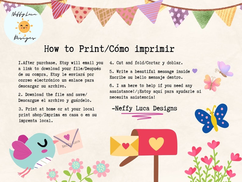 May include: A printable card with instructions on how to print and assemble a card. The card features a cute bird with a heart-shaped envelope in its beak. The text on the card reads "How to Print/C&oacute;mo imprimir" and includes instructions in both English and Spanish.