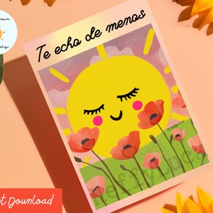 Te Echo de Menos, cartão espanhol para impressão I Miss You - Sun and Red Poppies Design, Tarjeta español con amapolas, 5 x 7 pol., Download instantâneo