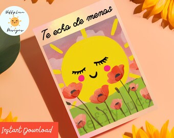 Te Echo de Menos, I Miss You Printable Spanish Card - Sun and Red Poppies Design, Tarjeta español con amapolas, 5 x 7 in, Instant Download