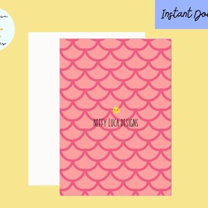 May include: Pink and white mermaid scale pattern digital paper with a small yellow sun with a smiling face in the center. The text "Neffy Luca Designs" is below the sun.