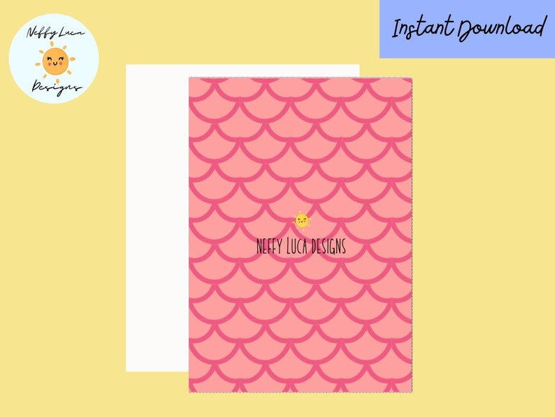 May include: Pink and white mermaid scale pattern digital paper with a small yellow sun with a smiling face in the center. The text "Neffy Luca Designs" is below the sun.