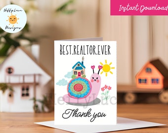 Realtor Thank You Card Printable with Cute Snail, Tarjeta Gracias para agente inmobiliario, 5 x 7 inches, Instant Download