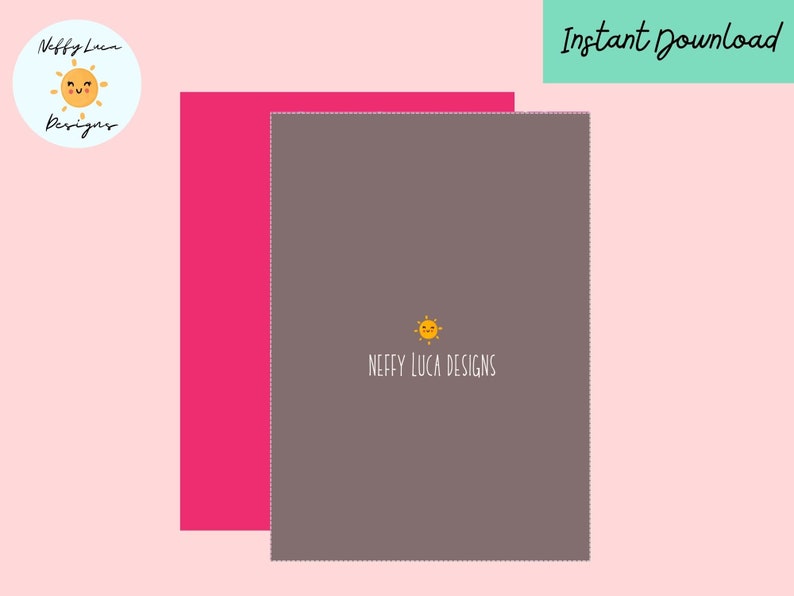 May include: A digital download of a printable card with a pink and gray background. The card features a smiling sun with the text "Neffy Luca Designs".