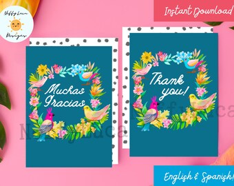 Bilingual Floral Thank You Card Set: Spanish English Printable (Digital Download)