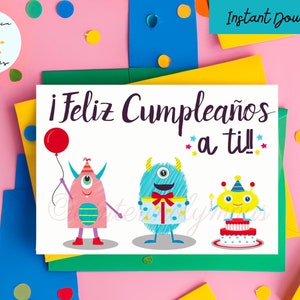 Spaanse verjaardagskaart afdrukbaar met monsters, Tarjeta de cumpleaños, Tarjeta para cumple en español para niños, 5 x 7 inch, Instant Download