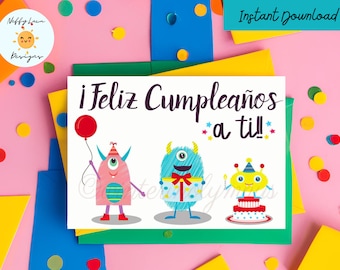 Biglietto di auguri di compleanno con mostro spagnolo: Feliz Cumpleaños stampabile (5 x 7 pollici, download digitale)