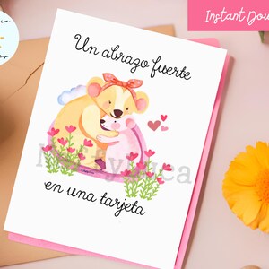 スペイン語 Hug Un Abrazo Fuerte カード、Sweet Bear で印刷可能、Tarjeta español con osos、pensando en ti、5 x 7 インチ、即時ダウンロード