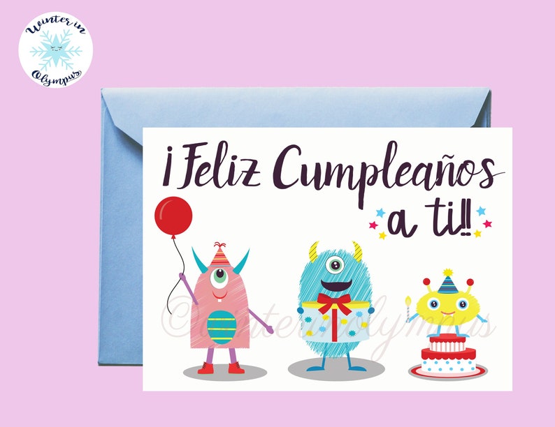 spanish birthday card printable with monsters etsy