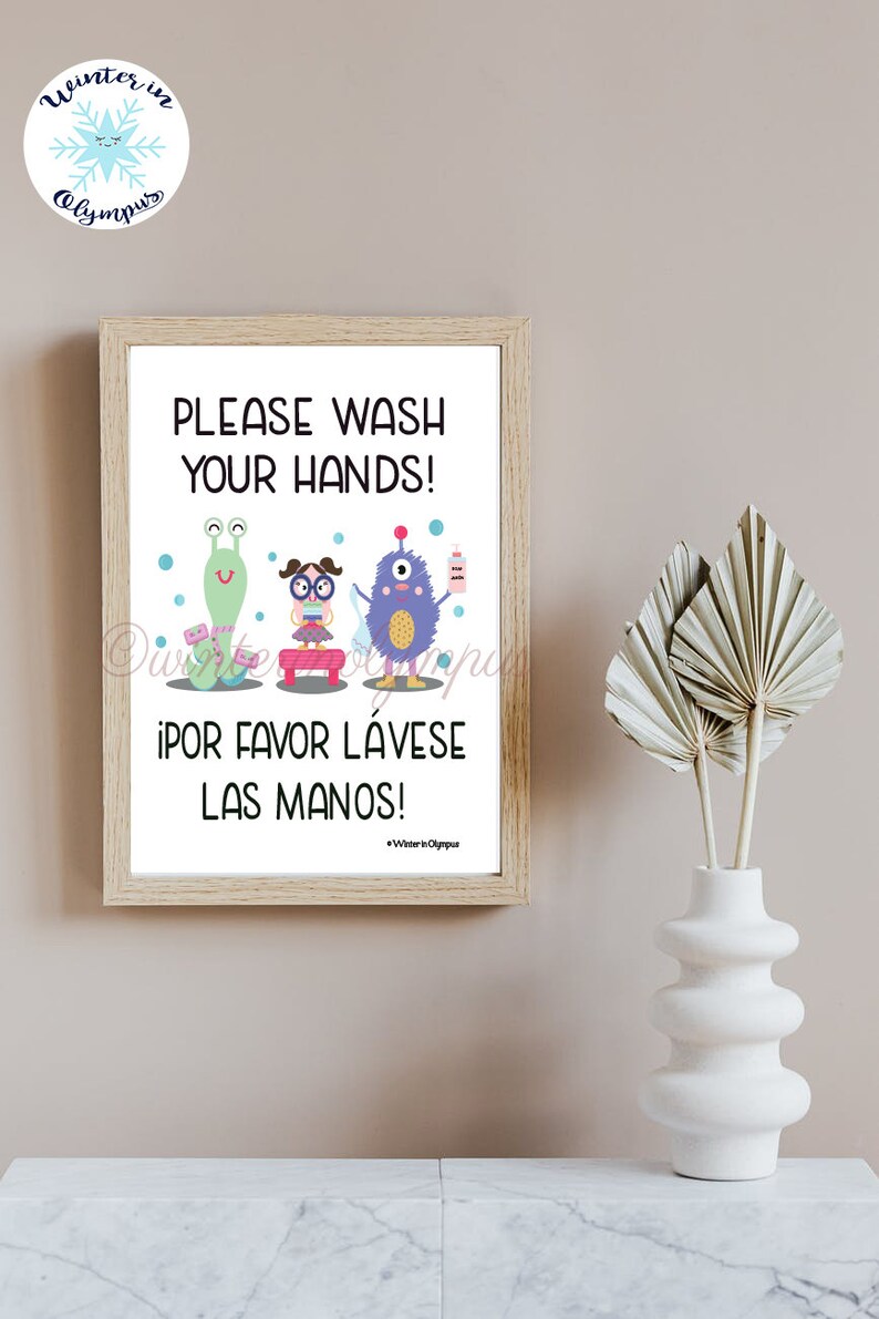 Bilingual Spanish English Hand Washing Sign Printable With Monsters ...
