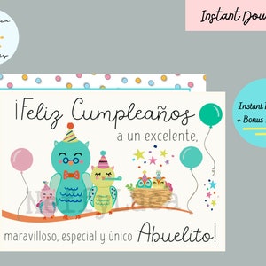 May include: A printable birthday card with a colorful owl theme. The card says "&iexcl;Feliz Cumplea&ntilde;os a un excelente, maravilloso, especial y &uacute;nico Abuelito!" which translates to "Happy Birthday to an excellent, wonderful, special and unique Grandfather!"