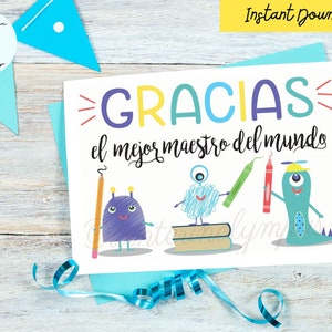 Carte de remerciement de professeur d'espagnol à imprimer avec des petits monstres, téléchargement immédiat