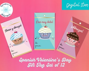 Spanish Valentines Cards/Tags Printable Set, ESL Classroom Día de San Valentín, Dual Language Cupcake Valentine Cards/Gift Tag Set of 12
