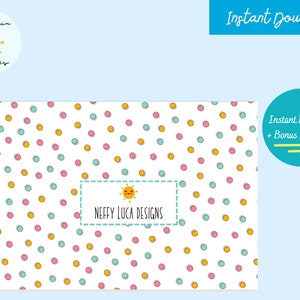 May include: Printable envelope template with a white background and a polka dot pattern in yellow, pink, and blue. The text "Neffy Luca Designs" is in a white rectangle with a yellow sun graphic.